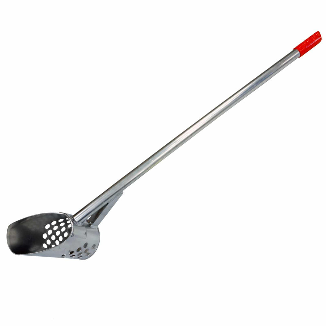 RTG (Reilly's Treasured Gold) Pro 47-inch aluminum water scoop with orange rubber grip and perforated bucket for beach metal detecting