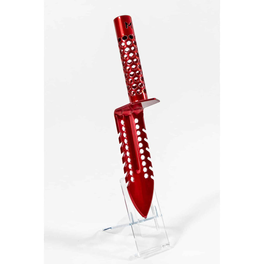 Red powder-coated Motley Grass Knife with protective handguard and Easy-Grip handle