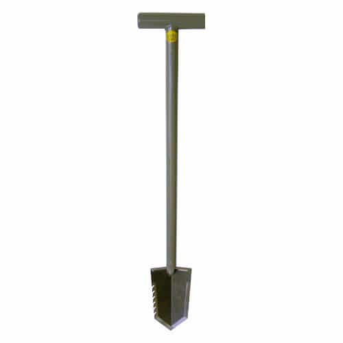 Lesche Sampson Pro-Series shovel with T-handle, serrated edge blade, and foam grip on white background