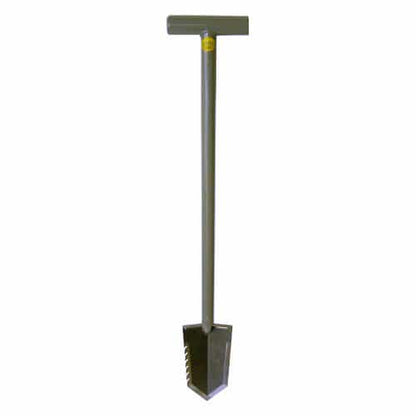 Lesche Sampson Pro-Series shovel with gray T-handle and serrated edge blade on white background