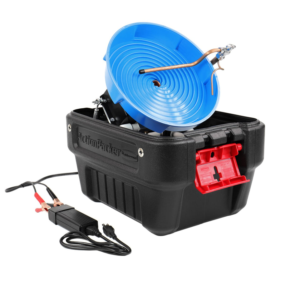 Gold Miner spiral wheel machine mounted in Action Packer carrying case with power supply