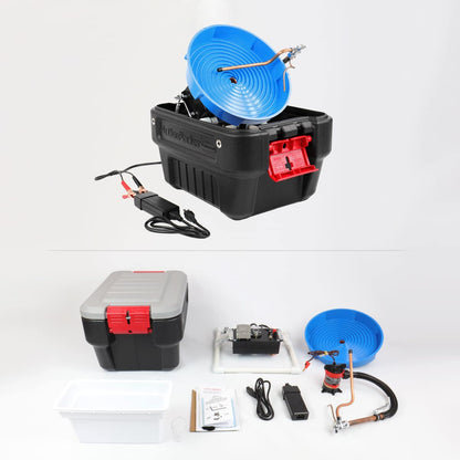 Gold Miner panning machine kit contents with case, pump, spray bar, spiral wheel, and tailings container