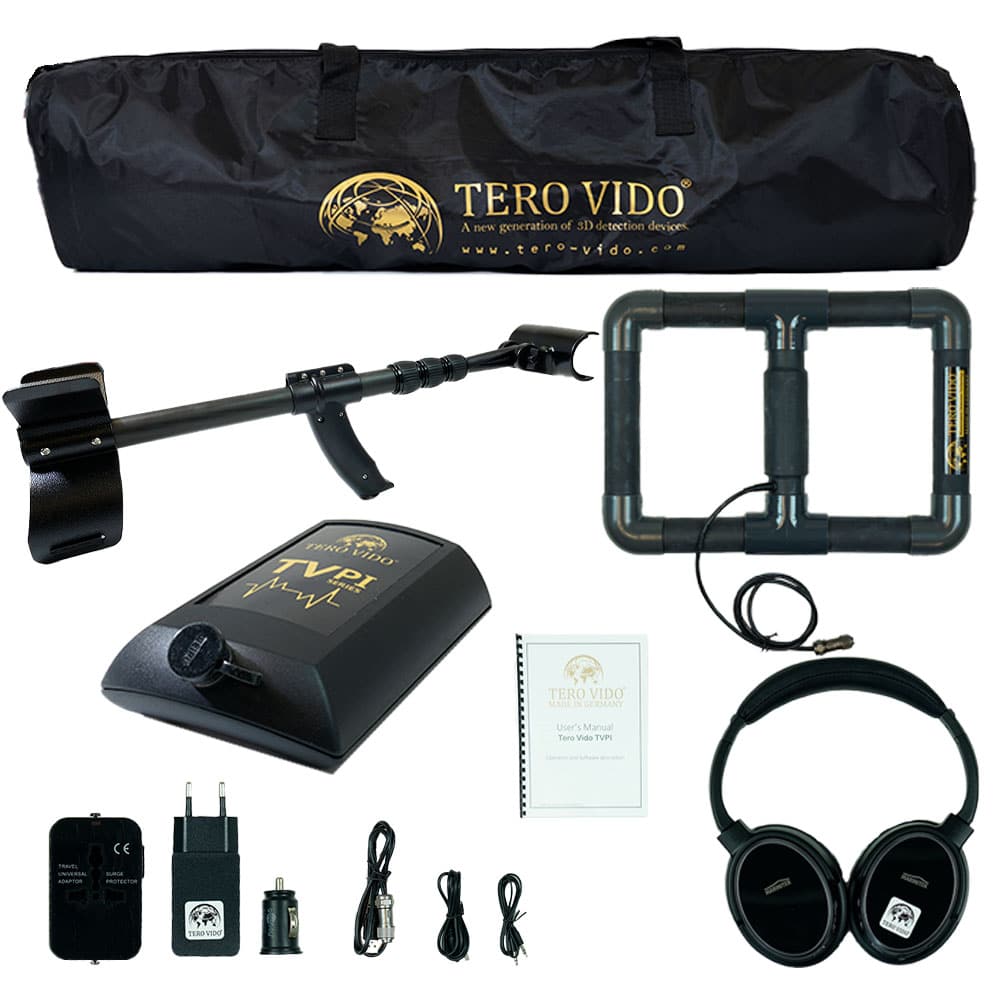 A collection of Tero Vido metal detector components including a bag, coil, control panel, headphones, and accessories on a white background.