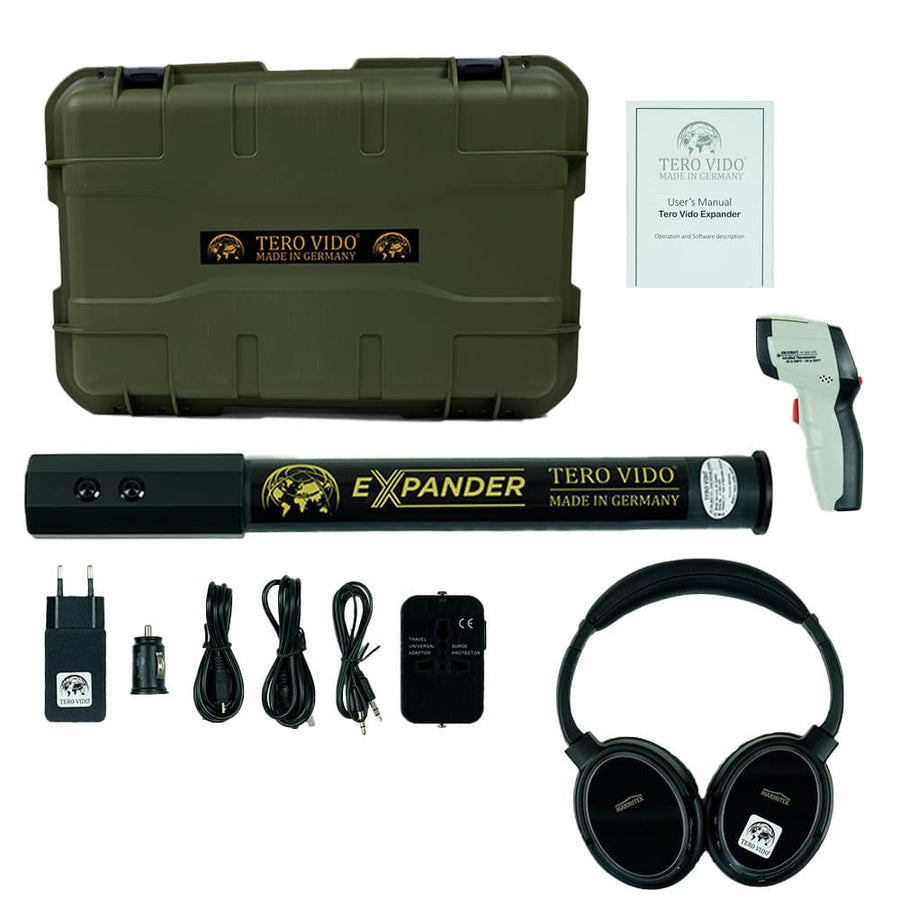 The Tero Vido Expander shown with included hard case, headphones and accessories