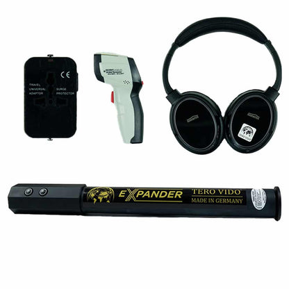 Close up view of the Tero Vido Expander, headphones and accessories
