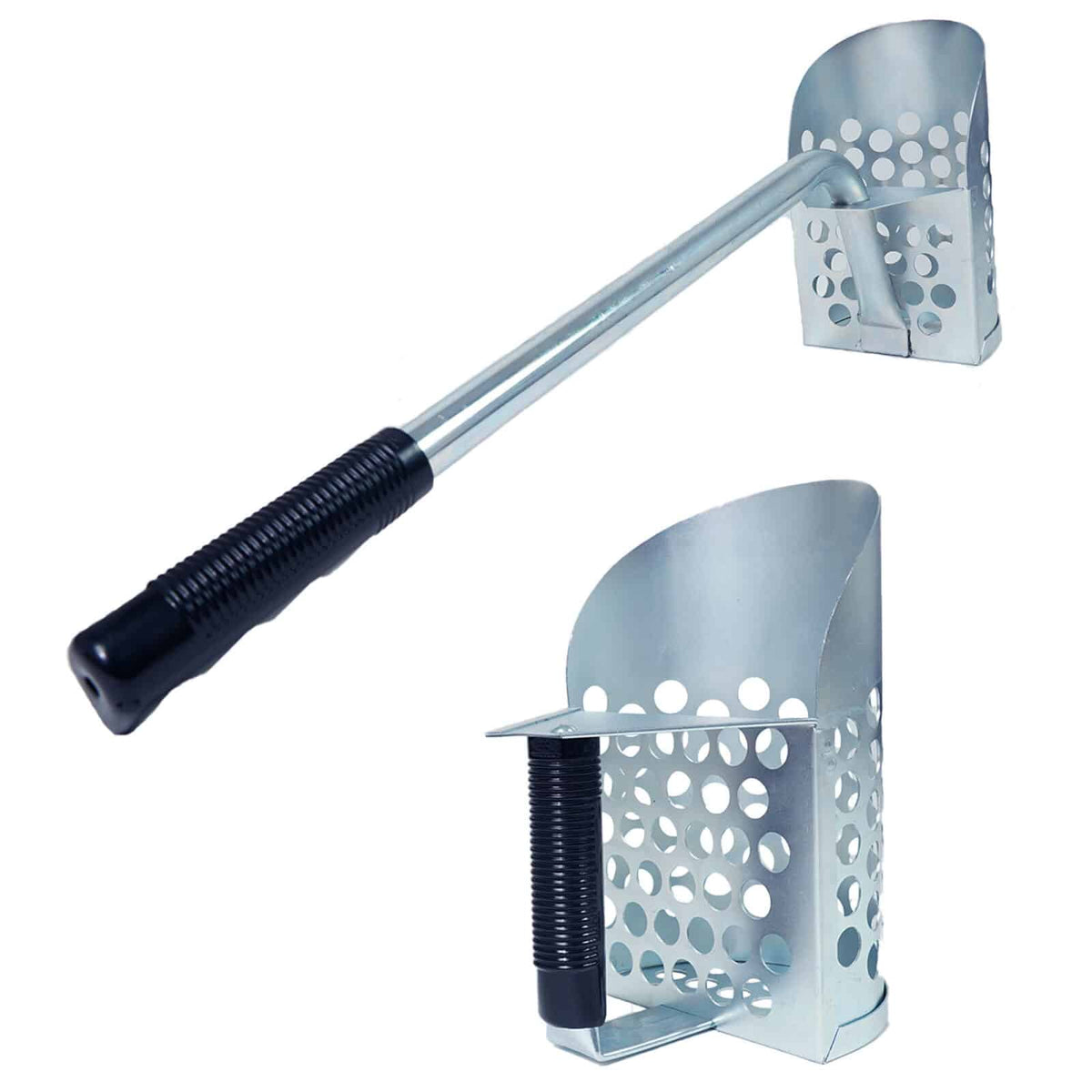Dune Scoops galvanized long handle sand scoop standing upright beside the heavy duty hand scoop with black grip