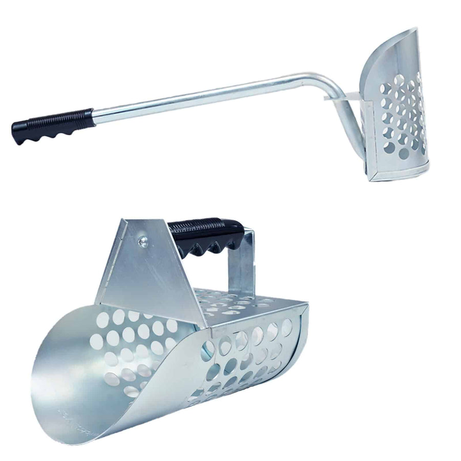 Dune Scoops long handle sand scoop and heavy duty hand scoop laid at an angle, both galvanized with round sifting holes