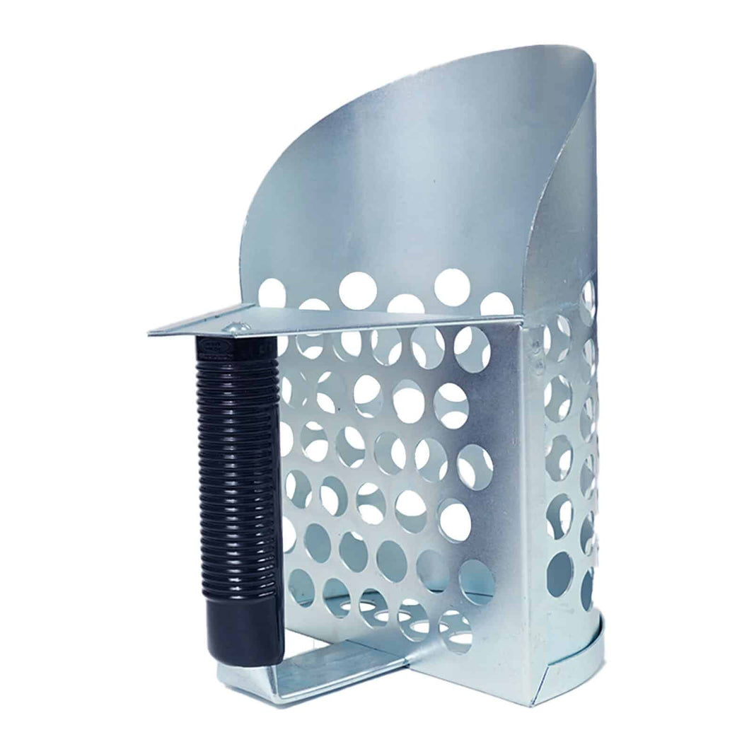Close-up view of galvanized sand scoop filtering holes