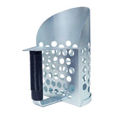 Close-up view of galvanized sand scoop filtering holes