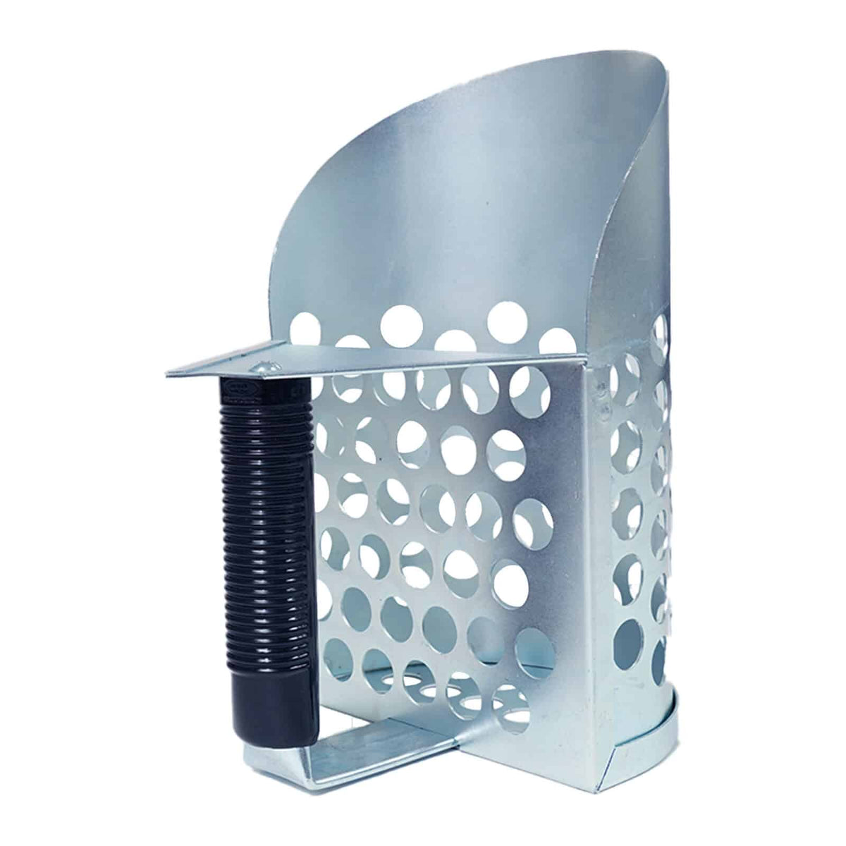 Close-up view of galvanized sand scoop filtering holes