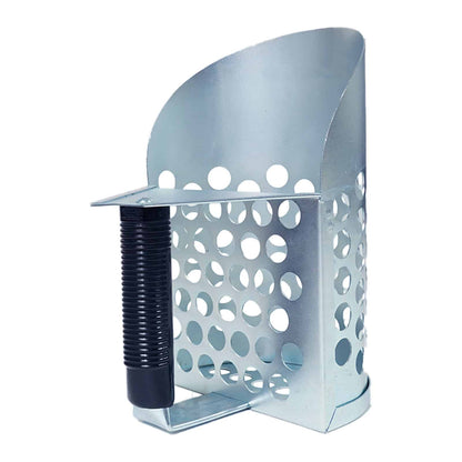 Close-up view of galvanized sand scoop filtering holes