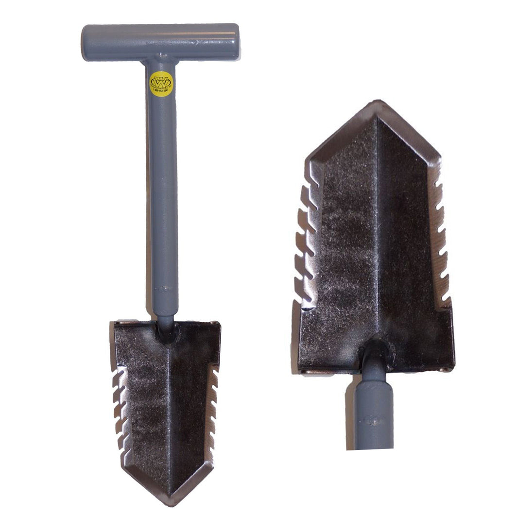 Lesche Sampson Pro-Series 18-inch mini shovel with gray T-handle and double-serrated blade for metal detecting