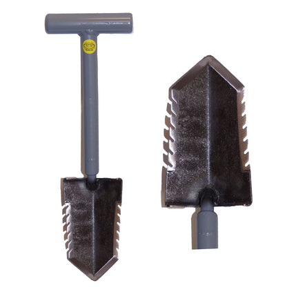 Lesche Sampson Pro-Series 18-inch mini shovel with gray T-handle and double-serrated blade for metal detecting
