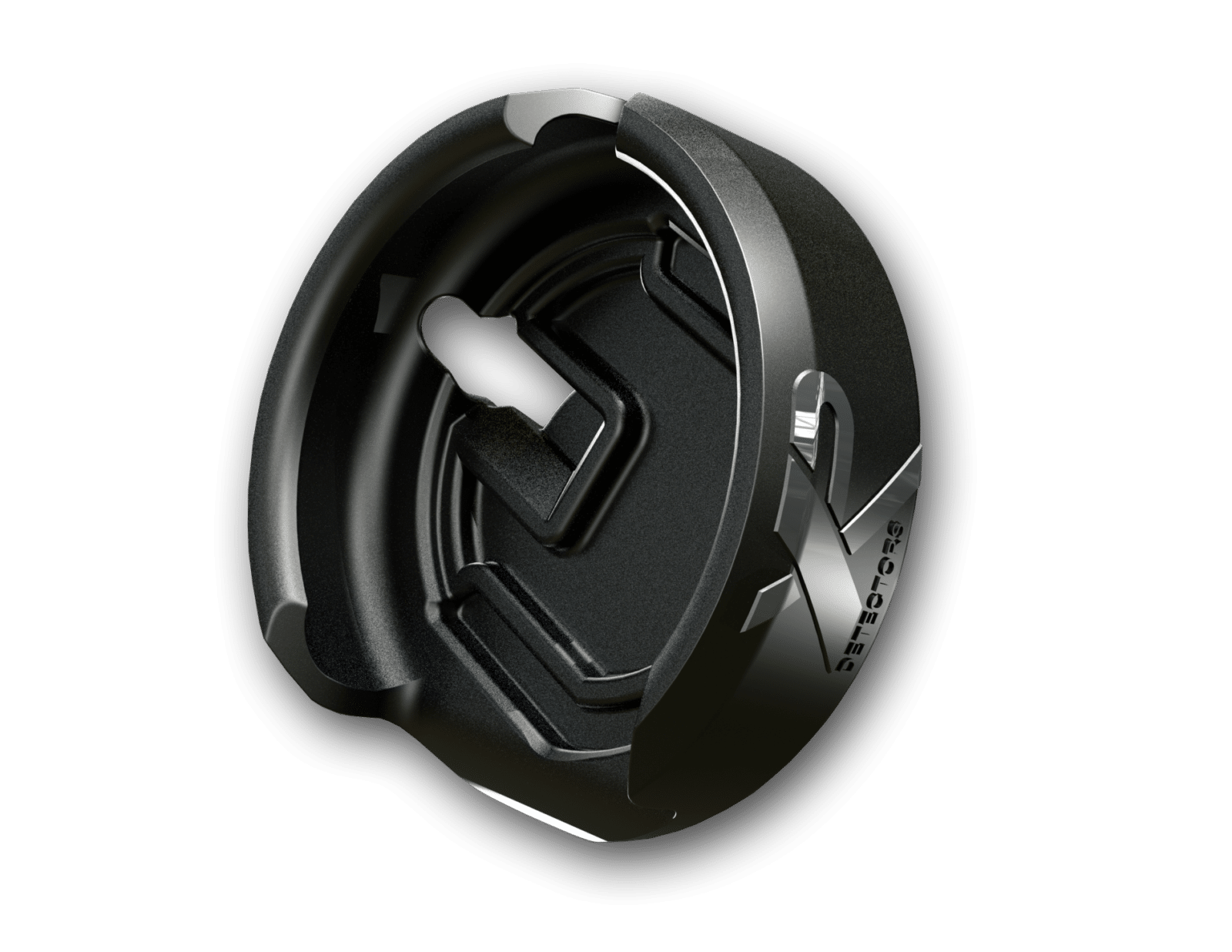 Black metal detector coil with white foam center and silver accents, overhead view