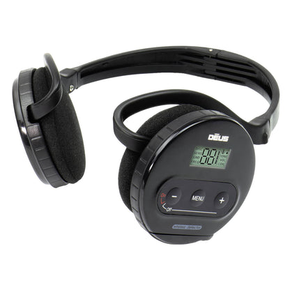 XP WS4 backphone headphones with control module showing display and buttons
