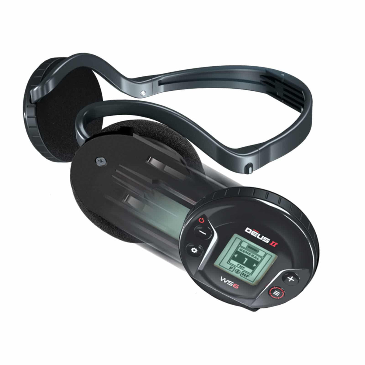 XP WS6 control module detached from the headphones, showing the target ID screen