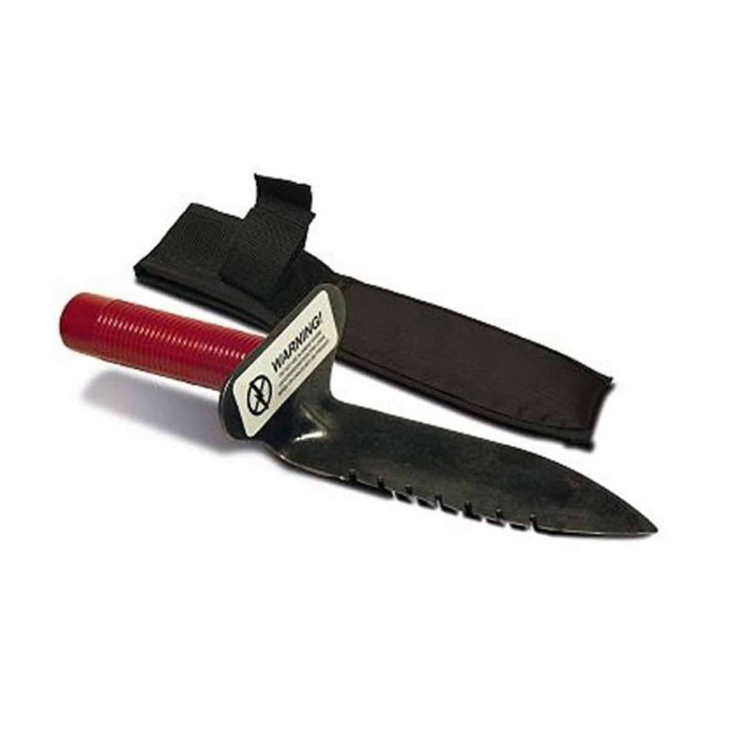 Lesche right serrated digging tool with red grip, hand guard, and Cordura belt sheath