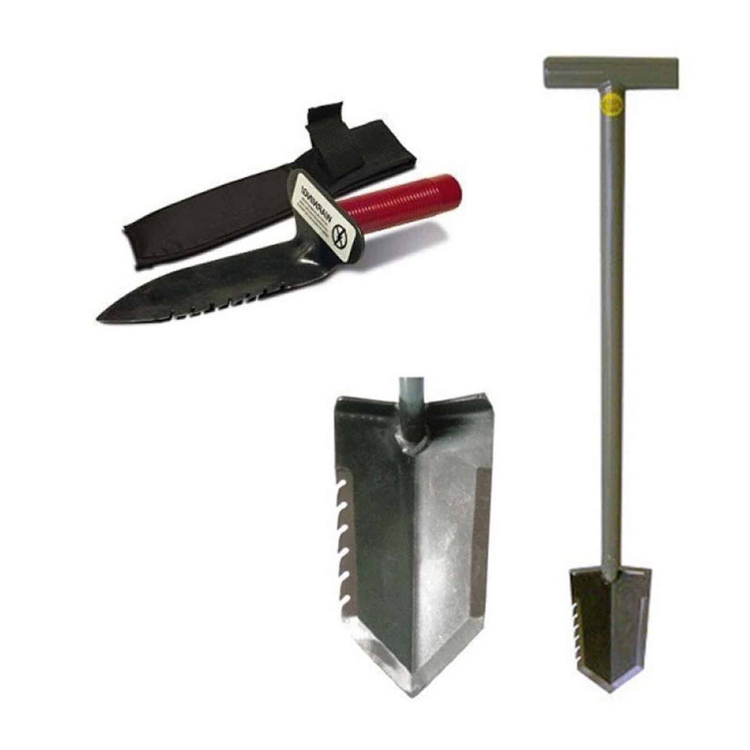 Lesche Sampson T-handle shovel with serrated blade and Lesche left-side serrated hand digger with belt sheath