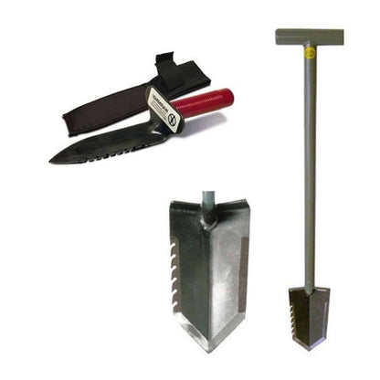 Lesche Sampson T-handle shovel with serrated blade and Lesche left-side serrated hand digger with belt sheath