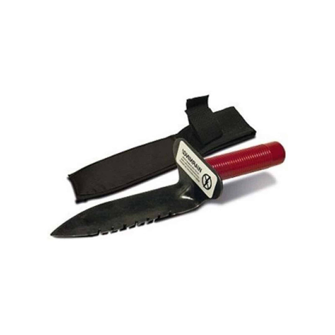 Lesche left serrated digging tool with red grip, hand guard, and Cordura belt sheath
