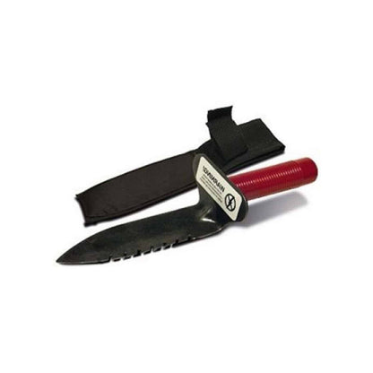 Lesche left serrated digging tool with red grip, hand guard, and Cordura belt sheath