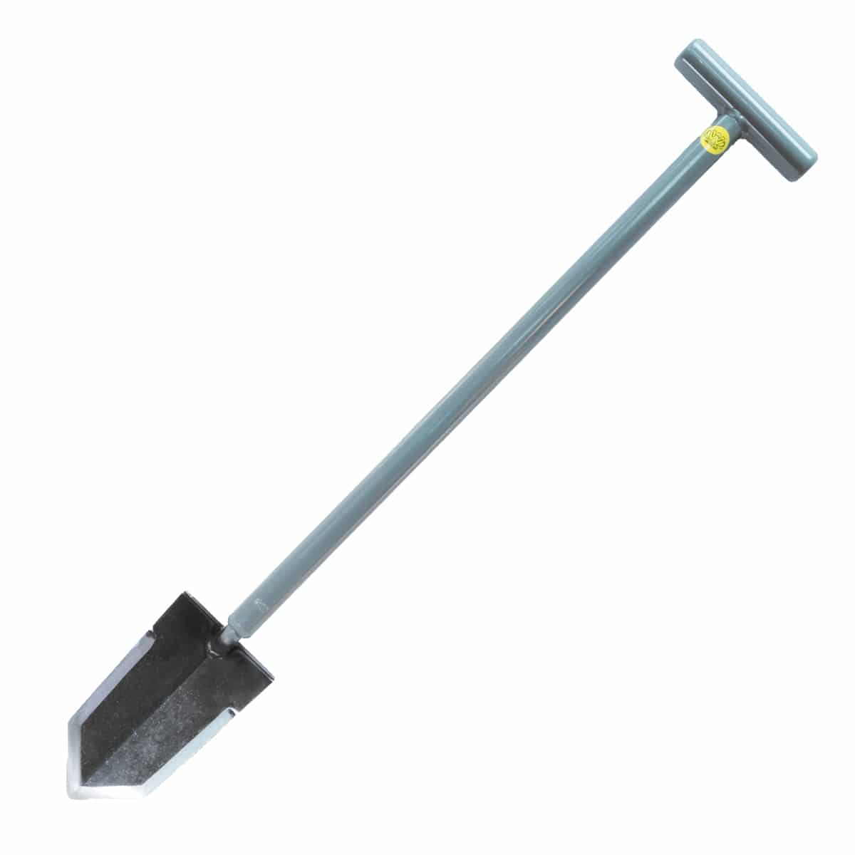 Lesche Sampson 31 inch T-handle shovel shown full length at an angle, grey shaft and black heat-treated blade