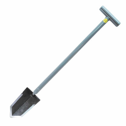 Lesche Sampson 31 inch T-handle shovel shown full length at an angle, grey shaft and black heat-treated blade