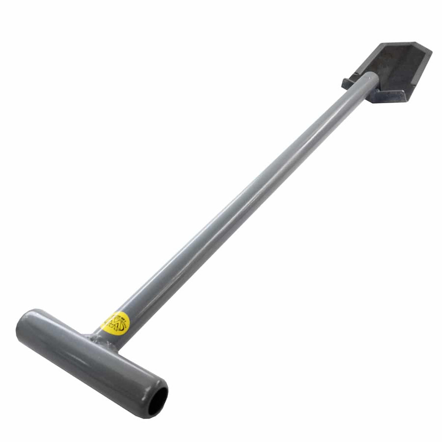 Lesche Sampson T-handle shovel full length viewed from the handle end