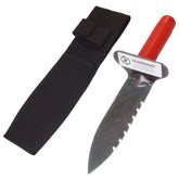A Lesche digging tool with a serrated edge on the left side, featuring a red rubber handle and a black Cordura belt sheath.