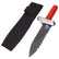 A Lesche digging tool with a serrated edge on the left side, featuring a red rubber handle and a black Cordura belt sheath.