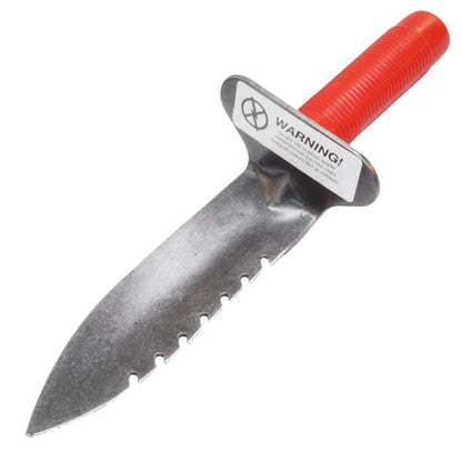 Close-up of Lesche Left Serrated Digging Tool blade showing saw-tooth edge for cutting roots
