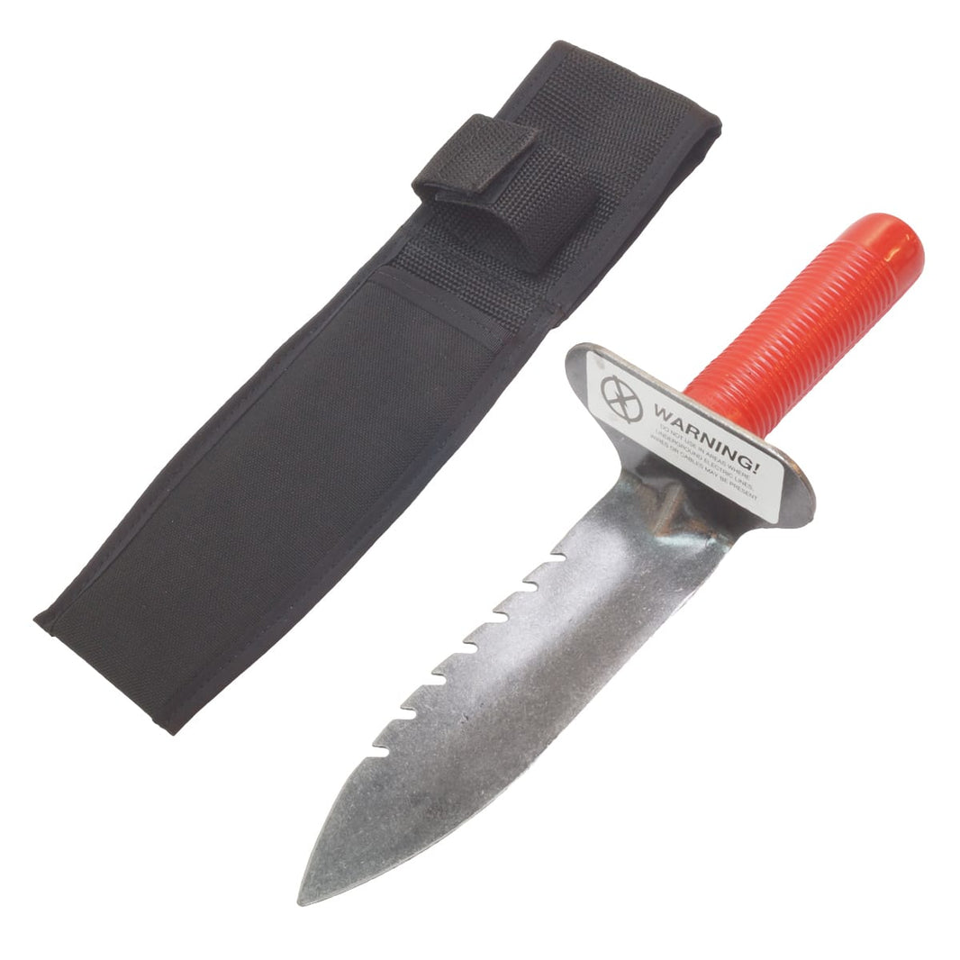Lesche right-side serrated digging tool with red rubber grip handle and Cordura belt sheath