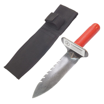 Lesche right-side serrated digging tool with red rubber grip handle and Cordura belt sheath