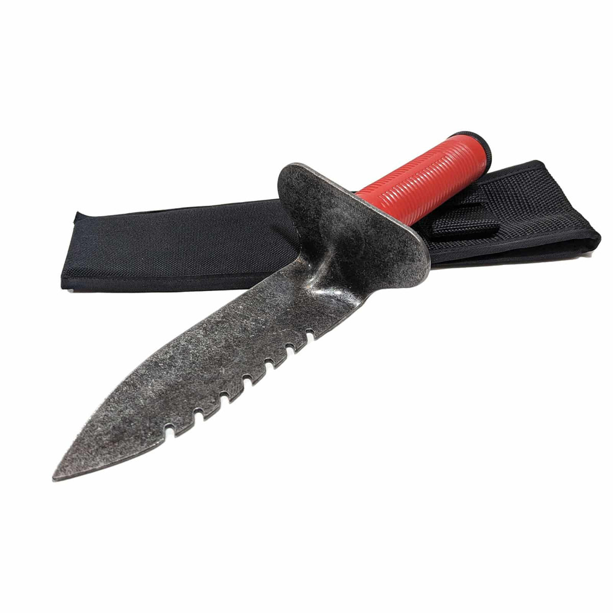 Lesche Model 76 left serrated digging tool with red hollow handle, watertight screw-on cap, and black Cordura belt sheath