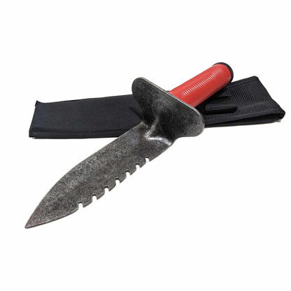 Lesche Model 76 left serrated digging tool with red hollow handle, watertight screw-on cap, and black Cordura belt sheath