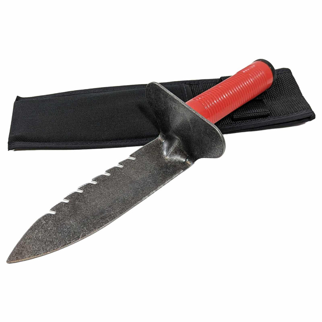 Lesche Model 76 right serrated digging tool with red handle, waterproof cap, and black belt sheath on white background