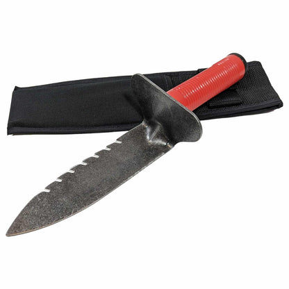 Lesche Model 76 right serrated digging tool with red handle, waterproof cap, and black belt sheath on white background