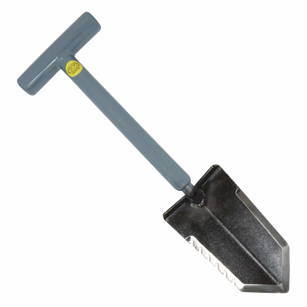 Lesche Sampson Pro-Series 18-inch mini shovel with T-handle and serrated edge for relic and remote-site metal detecting