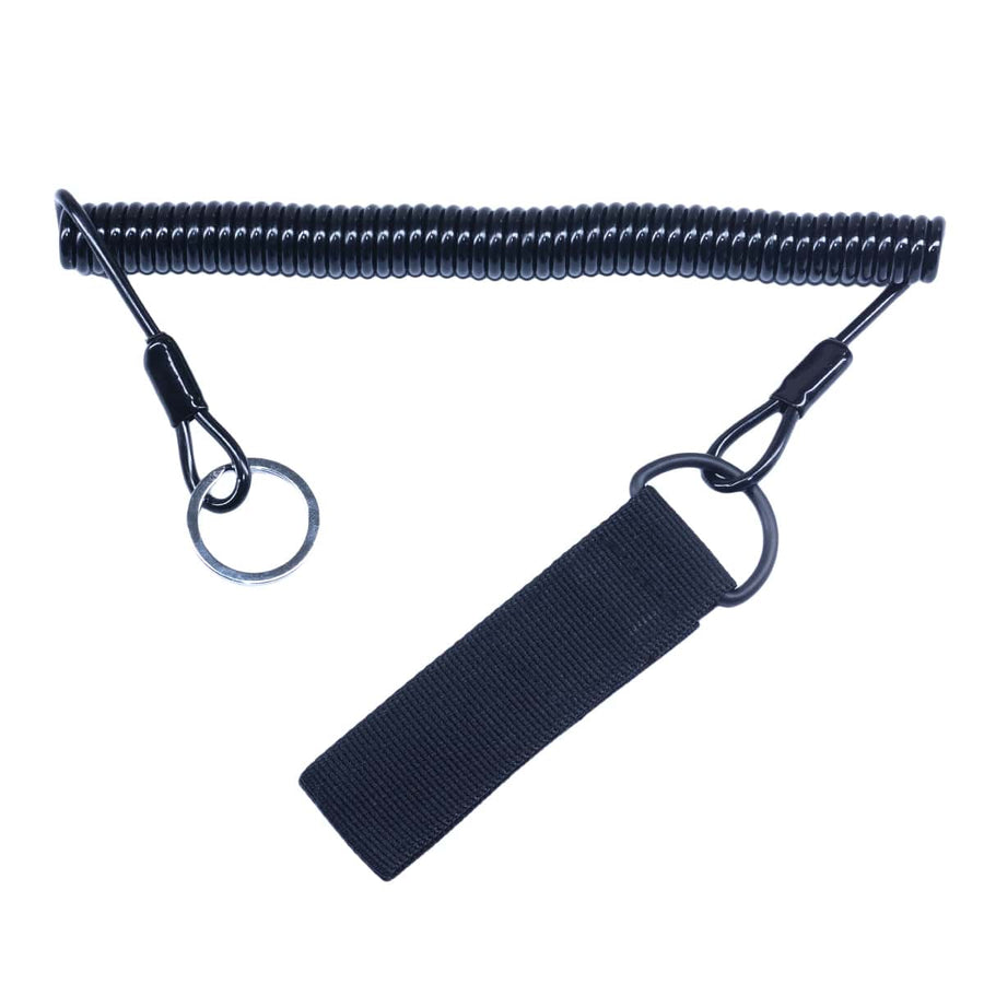 Close-up view of black pinpointer lanyard showing Velcro belt attachment system