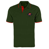 XP Metal Detectors cotton polo shirt in khaki with red collar trim, embroidered logo, and three-button placket