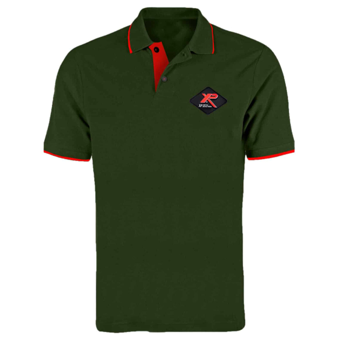 XP Metal Detectors cotton polo shirt in khaki with red collar trim, embroidered logo, and three-button placket