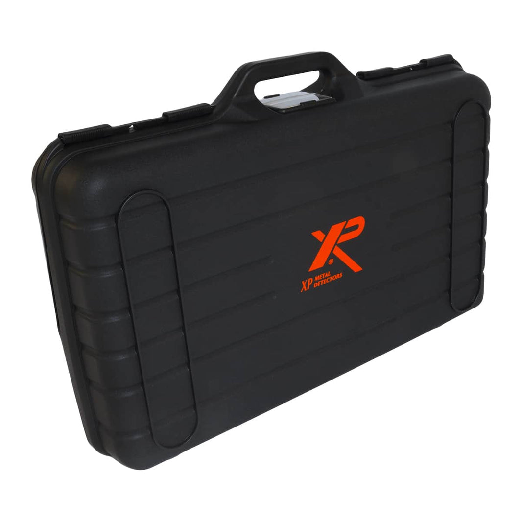 Black XP metal detector hard transport case with orange logo and wide carrying handle, closed front view