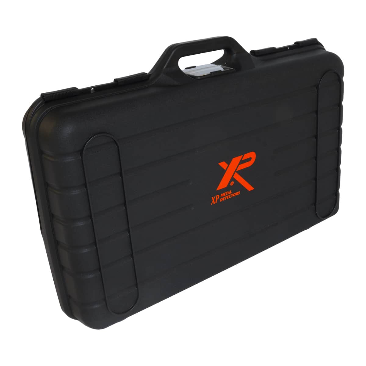 Black XP metal detector hard transport case with orange logo and wide carrying handle, closed front view