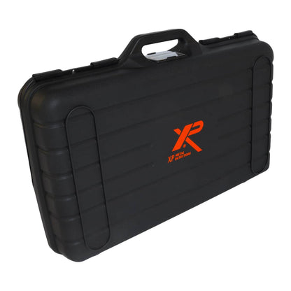 Black XP metal detector hard transport case with orange logo and wide carrying handle, closed front view