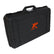Black XP metal detector hard transport case with orange logo and wide carrying handle, closed front view