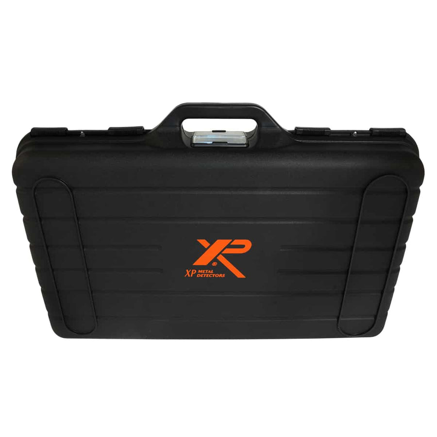 XP hard transport case closed, viewed from the hinge side with the carrying handle up