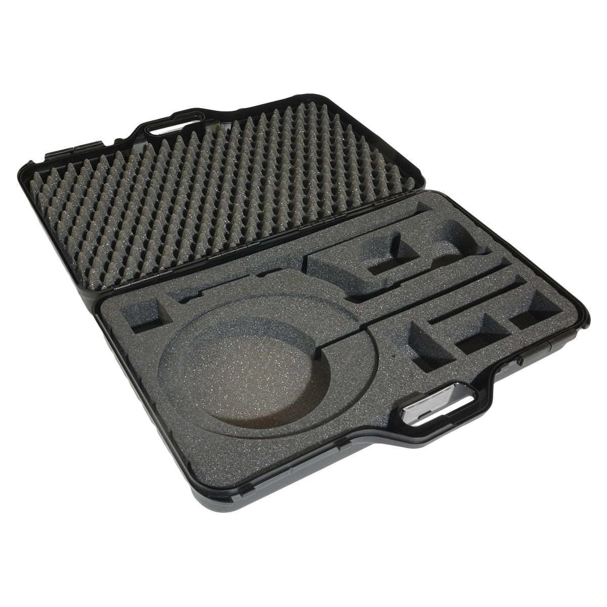 XP hard transport case open, showing the precision-cut foam insert with cutouts for the detector, remote and three coils