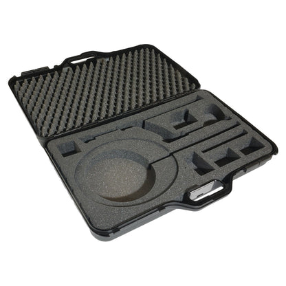 XP hard transport case open, showing the precision-cut foam insert with cutouts for the detector, remote and three coils