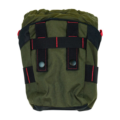 A green and black XP Metal Detectors Finds Pouch with red straps facing the rear