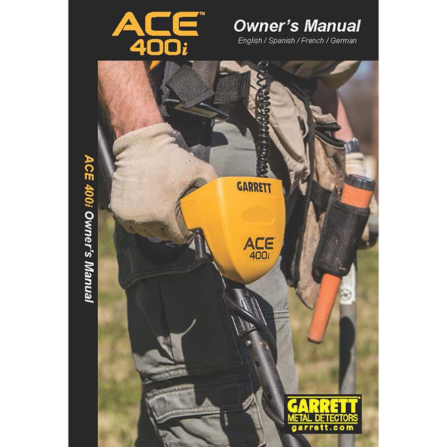 The cover of the English/Spanish/French/German version of the Garrett ACE 400 digital owner's manual, depicting a male detectorist in an outdoor setting.